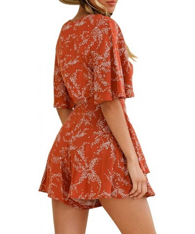 Womens Summer Short Flared Sleeve Romper V Neck Floral Print Jumpsuit Waist Tie Layer Ruffle Hem Dress Look Rompers Orange $1...