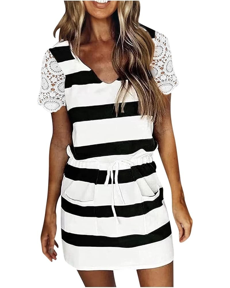 Womens 2023 Summer Striped Dress Casual V Neck Spaghetti Strap Mini Dresses Elastic Waist Belt Sundress with Pockets M01_blac...