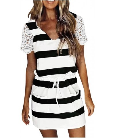 Womens 2023 Summer Striped Dress Casual V Neck Spaghetti Strap Mini Dresses Elastic Waist Belt Sundress with Pockets M01_blac...