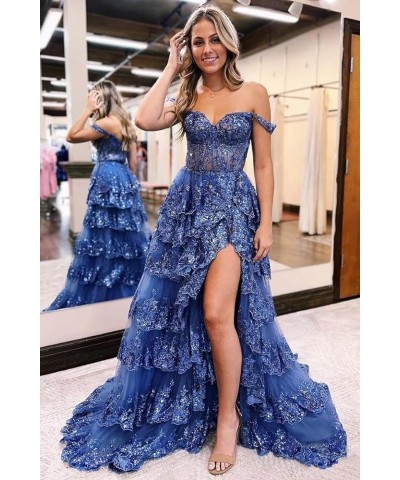 Women's Off The Shoulder Prom Dresses Long Ball Gown with Slit Sparkly Sequins Tiered Skirt Formal Party Gowns Teal $34.50 Dr...