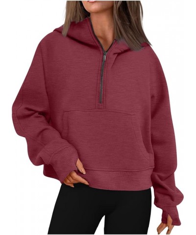 Womens Quarter Zip Pullover with Thumb Hole Casual Half Zip Hoodies Fall Fleece Cropped Sweatshirts with Pockets A-wine $8.05...