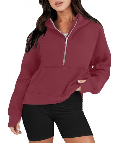 Womens Quarter Zip Pullover with Thumb Hole Casual Half Zip Hoodies Fall Fleece Cropped Sweatshirts with Pockets A-wine $8.05...