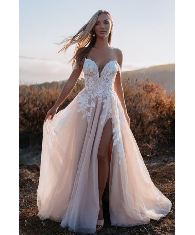 Women's Wedding Dresses for Bride 2024 Sexy V Neck Slit Lace Bridal Wedding Gowns for Bride YJ010 Style 02-champagne $57.60 D...