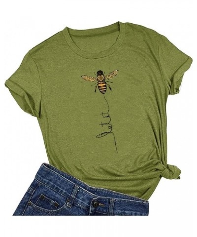 Womens Cute Bee Graphic Tee Shirts Short Sleeve Let It Bee Funny Letter Print Summer T-Shirt Tops Z-green $12.99 T-Shirts