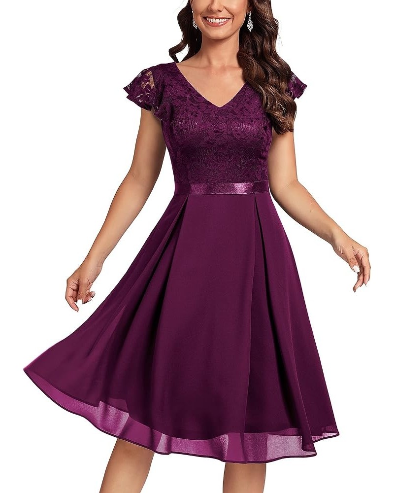 Women's Retro V-Neck Lace Slim Classic Style Cocktail Party Dress Magenta $34.01 Dresses