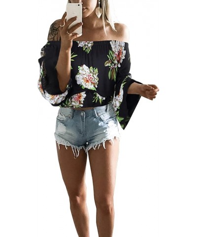 Womens Off Shoulder Tops Sexy Floral Print Crop Tops Summer Blouses T-Shirt A-black $8.39 Blouses