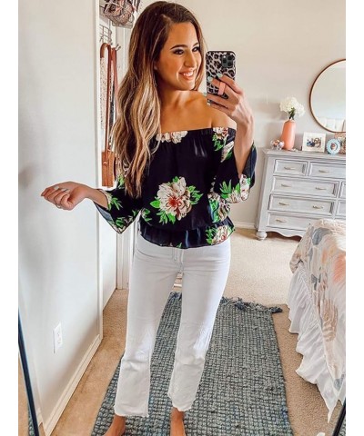 Womens Off Shoulder Tops Sexy Floral Print Crop Tops Summer Blouses T-Shirt A-black $8.39 Blouses