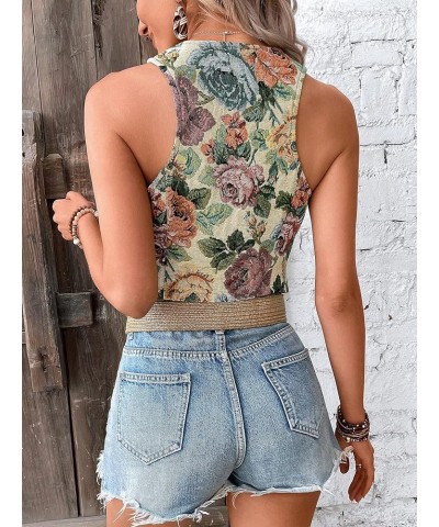 Women's Boho Floral Print V Neck Open Front Crop Vest Blazer Sleeveless Jacket Waistcoat Floral Green $19.19 Vests