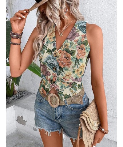 Women's Boho Floral Print V Neck Open Front Crop Vest Blazer Sleeveless Jacket Waistcoat Floral Green $19.19 Vests