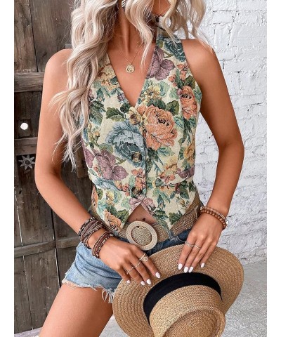 Women's Boho Floral Print V Neck Open Front Crop Vest Blazer Sleeveless Jacket Waistcoat Floral Green $19.19 Vests