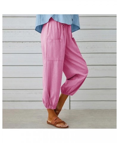 Womens Summer Linen Pants Loose Casual Drawstring Elastic Waist Capris Wide Leg Cropped Lounge Trousers with Pocket 23 Pink $...