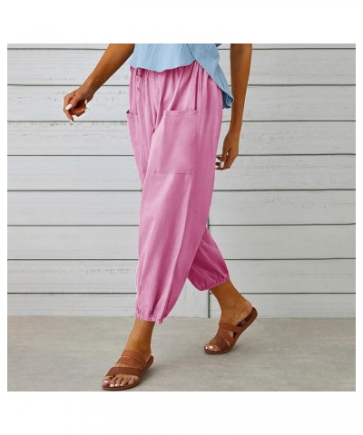 Womens Summer Linen Pants Loose Casual Drawstring Elastic Waist Capris Wide Leg Cropped Lounge Trousers with Pocket 23 Pink $...