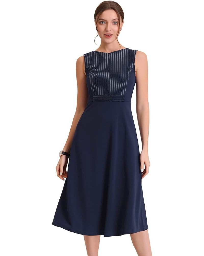 Women's Striped Crew Neck Sleeveless A-Line Midi Work Office Dress Dark Blue $23.69 Dresses