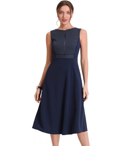 Women's Striped Crew Neck Sleeveless A-Line Midi Work Office Dress Dark Blue $23.69 Dresses