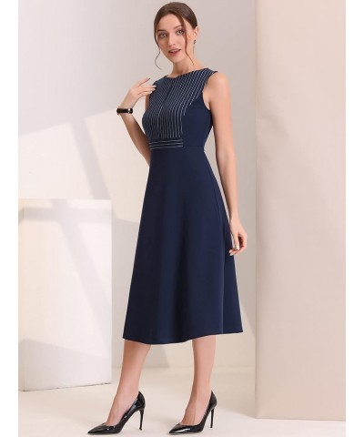 Women's Striped Crew Neck Sleeveless A-Line Midi Work Office Dress Dark Blue $23.69 Dresses