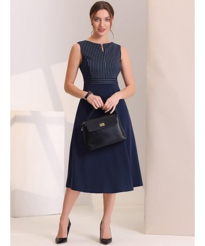 Women's Striped Crew Neck Sleeveless A-Line Midi Work Office Dress Dark Blue $23.69 Dresses