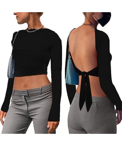 Women's Sexy Backless Mock Neck Long Sleeve Crop Top T-Shirt Nhb-black $5.82 T-Shirts