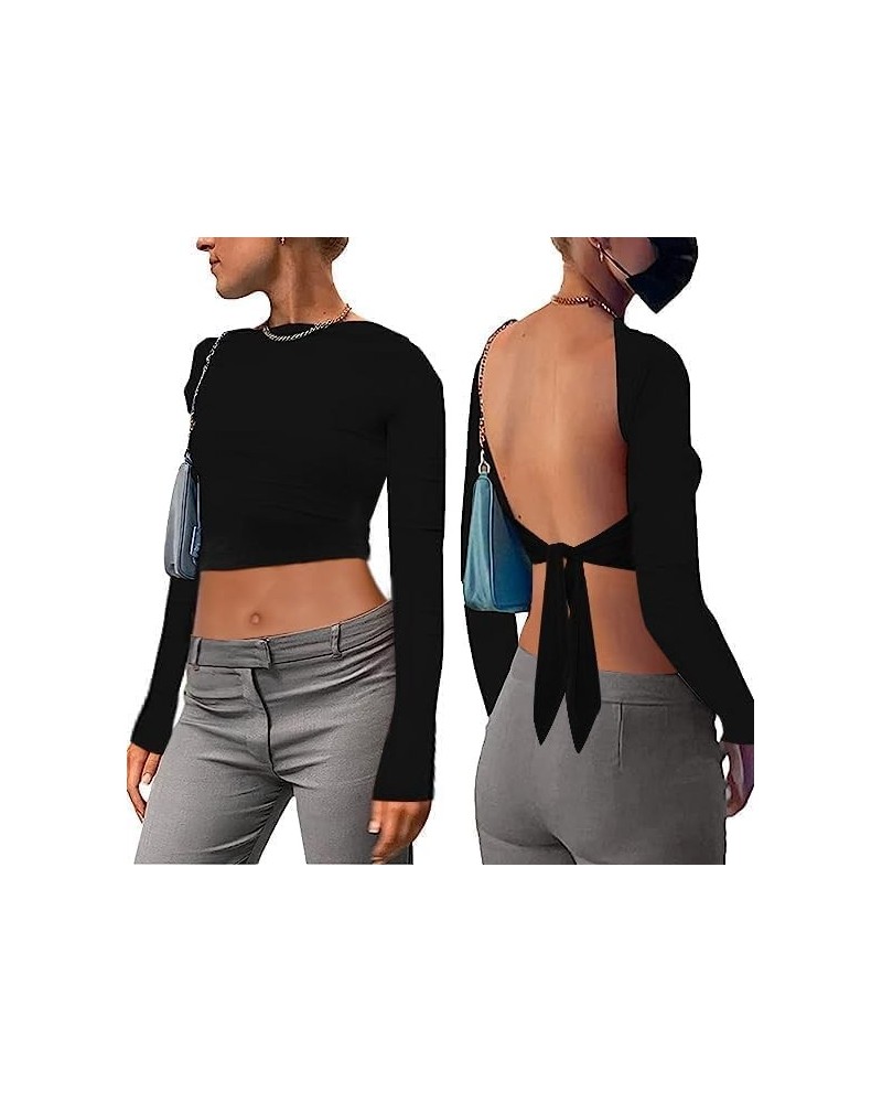 Women's Sexy Backless Mock Neck Long Sleeve Crop Top T-Shirt Nhb-black $5.82 T-Shirts