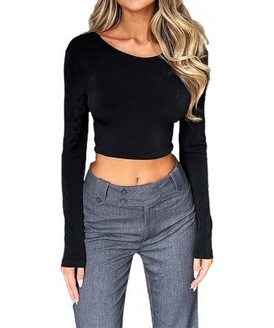 Women's Sexy Backless Mock Neck Long Sleeve Crop Top T-Shirt Nhb-black $5.82 T-Shirts