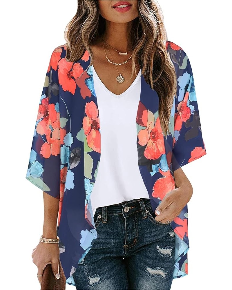 Women's Floral Print Puff Sleeve Kimono Cardigan Loose Cover Up Casual Blouse Tops Oil Ink Blue $12.46 Swimsuits