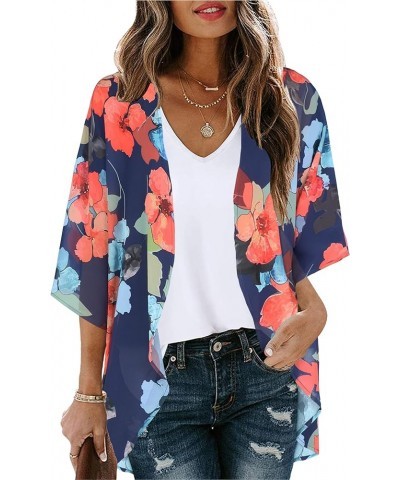 Women's Floral Print Puff Sleeve Kimono Cardigan Loose Cover Up Casual Blouse Tops Oil Ink Blue $12.46 Swimsuits