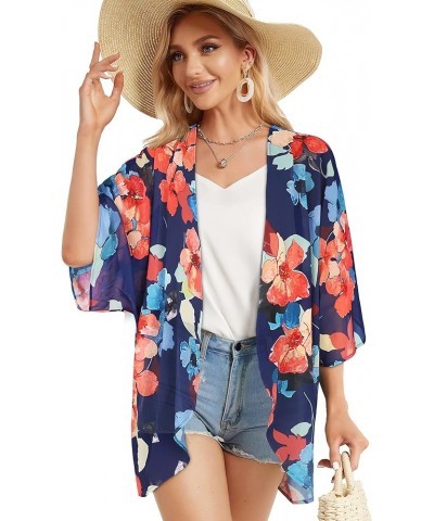 Women's Floral Print Puff Sleeve Kimono Cardigan Loose Cover Up Casual Blouse Tops Oil Ink Blue $12.46 Swimsuits