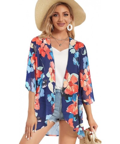 Women's Floral Print Puff Sleeve Kimono Cardigan Loose Cover Up Casual Blouse Tops Oil Ink Blue $12.46 Swimsuits