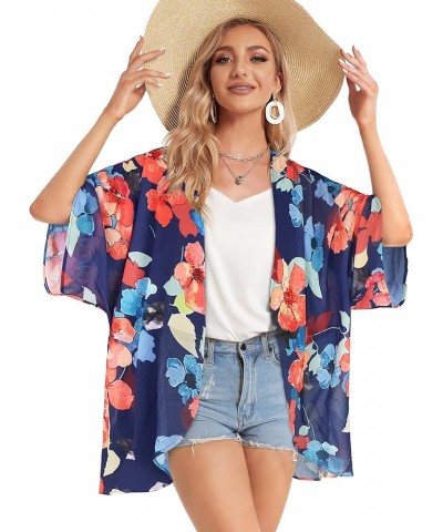 Women's Floral Print Puff Sleeve Kimono Cardigan Loose Cover Up Casual Blouse Tops Oil Ink Blue $12.46 Swimsuits