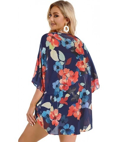 Women's Floral Print Puff Sleeve Kimono Cardigan Loose Cover Up Casual Blouse Tops Oil Ink Blue $12.46 Swimsuits