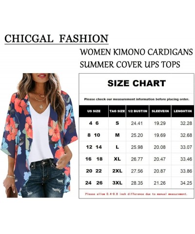 Women's Floral Print Puff Sleeve Kimono Cardigan Loose Cover Up Casual Blouse Tops Oil Ink Blue $12.46 Swimsuits