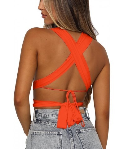 Women's Sexy Sleeveless Halter Criss Cross Cami Lace Up Self Tie Tank Crop Tops Orange $11.79 Tanks