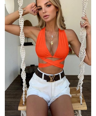 Women's Sexy Sleeveless Halter Criss Cross Cami Lace Up Self Tie Tank Crop Tops Orange $11.79 Tanks