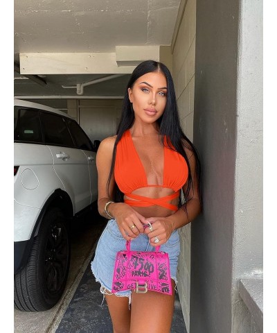 Women's Sexy Sleeveless Halter Criss Cross Cami Lace Up Self Tie Tank Crop Tops Orange $11.79 Tanks