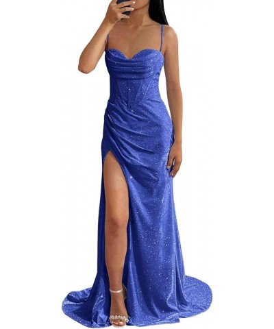 Sparkly Mermaid Prom Dresses with Slit 2024 Long Sequin Spaghetti Strap V Neck Formal Gown for Women Evening Royal Blue $40.3...