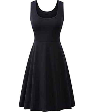 Women's Summer Round Neck Solid Color Knee-Length Dress Loose A-line Sun Dress Flowy Sweet Tank Dress Black $12.74 Dresses