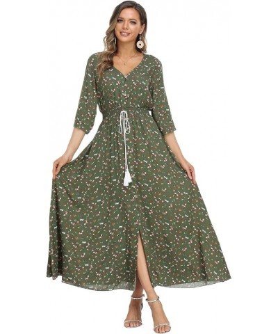 Summer Floral Print Maxi Dress Women Button Up Split Long Flowy Bohemian Beach Party Dresses Green Floral $14.35 Dresses