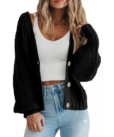 Women's Chunky Knit Open Front Sweater Long Sleeve Button Loose Short Cardigan Outerwear Coats Black $21.61 Sweaters