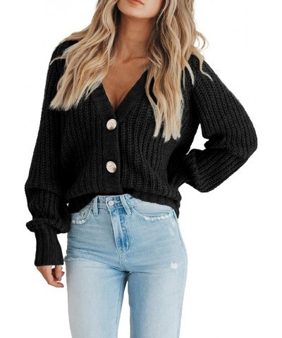 Women's Chunky Knit Open Front Sweater Long Sleeve Button Loose Short Cardigan Outerwear Coats Black $21.61 Sweaters