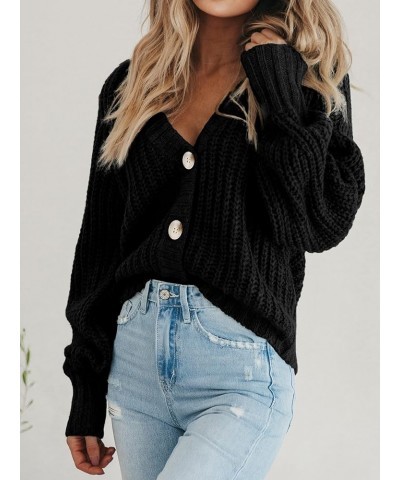 Women's Chunky Knit Open Front Sweater Long Sleeve Button Loose Short Cardigan Outerwear Coats Black $21.61 Sweaters