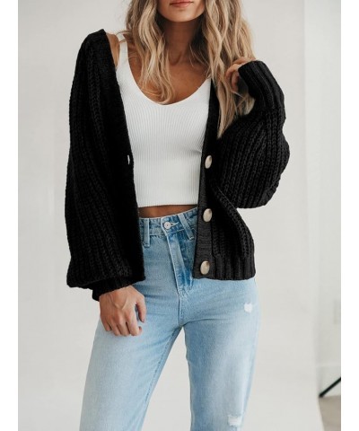 Women's Chunky Knit Open Front Sweater Long Sleeve Button Loose Short Cardigan Outerwear Coats Black $21.61 Sweaters