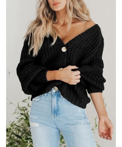 Women's Chunky Knit Open Front Sweater Long Sleeve Button Loose Short Cardigan Outerwear Coats Black $21.61 Sweaters