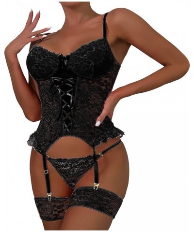 Womens Lingerie, Women Valentine's Day Lingerie Sets with Garter Belt 3 Piece Lace Teddy Babydoll Bodysuit Z4-black $5.21 Und...