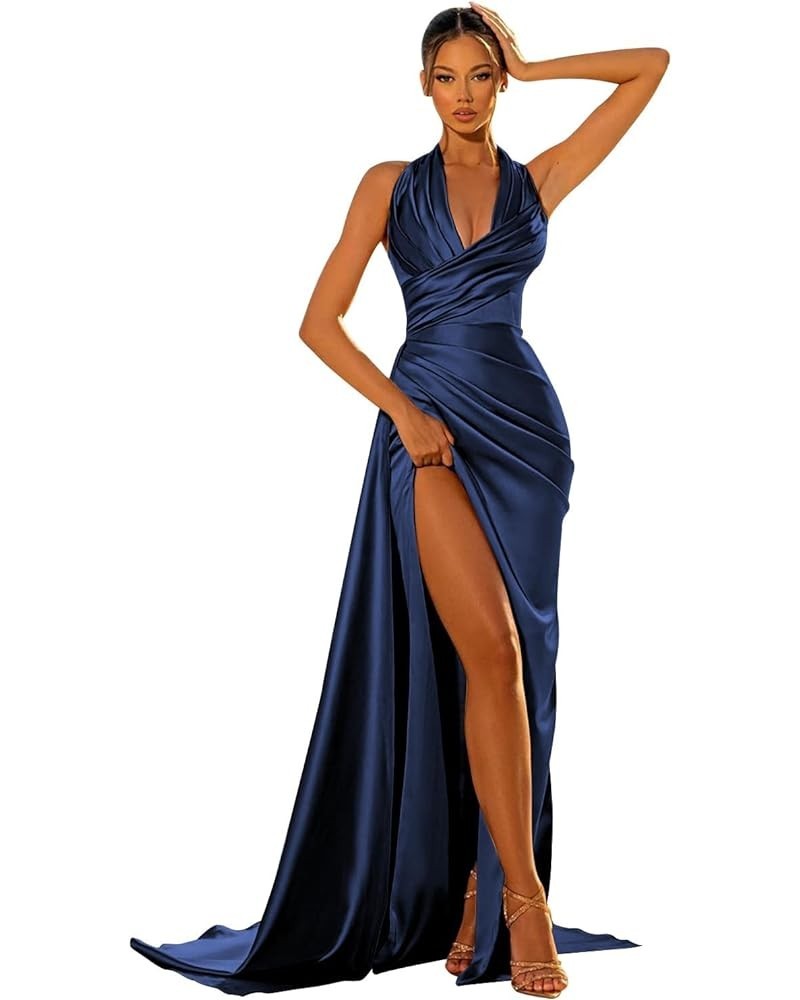 Women's Mermaid Pleated Satin Prom Dresses Long 2024 Formal Evening Gown with Slit Navy Blue $32.49 Dresses