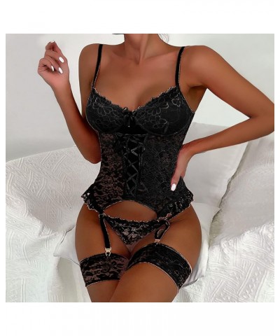 Womens Lingerie, Women Valentine's Day Lingerie Sets with Garter Belt 3 Piece Lace Teddy Babydoll Bodysuit Z4-black $5.21 Und...