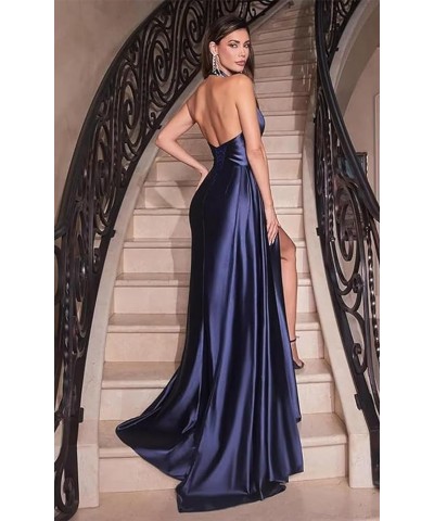 Women's Mermaid Pleated Satin Prom Dresses Long 2024 Formal Evening Gown with Slit Navy Blue $32.49 Dresses