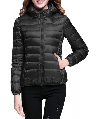 Women's Hooded Packable Puffer Jackets Winter Lightweight Warm Down Coats Trendy Slim Fit Windproof Duck Down Outwear 01-blac...