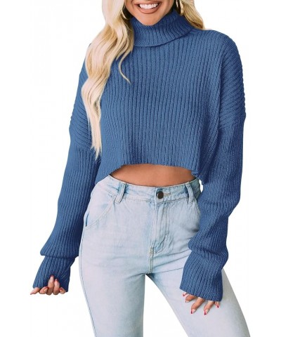 Women's 2023 Fall Winter Turtleneck Cropped Sweater Causal Ribbed Knit Long Sleeve Pullover Jumper Tops Blue $14.64 Sweaters
