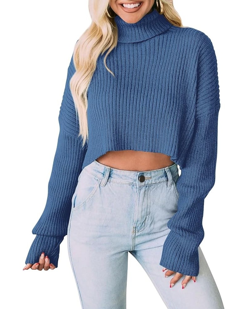 Women's 2023 Fall Winter Turtleneck Cropped Sweater Causal Ribbed Knit Long Sleeve Pullover Jumper Tops Blue $14.64 Sweaters