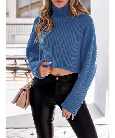 Women's 2023 Fall Winter Turtleneck Cropped Sweater Causal Ribbed Knit Long Sleeve Pullover Jumper Tops Blue $14.64 Sweaters