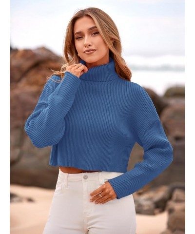 Women's 2023 Fall Winter Turtleneck Cropped Sweater Causal Ribbed Knit Long Sleeve Pullover Jumper Tops Blue $14.64 Sweaters